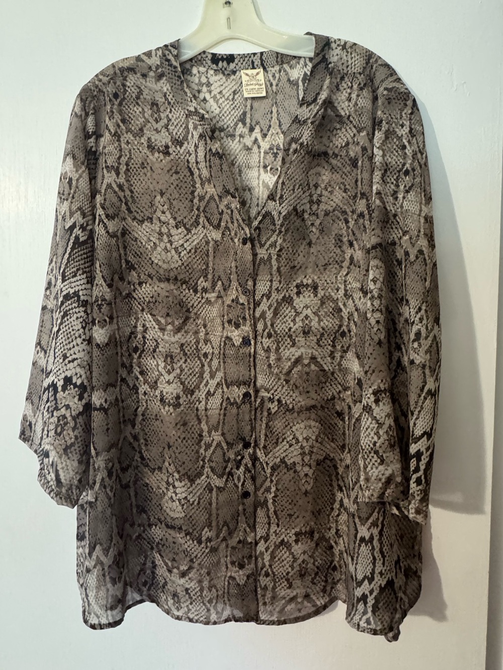 Faded Glory Snake Print Button-Down Blouse - Black, Gray, Cream